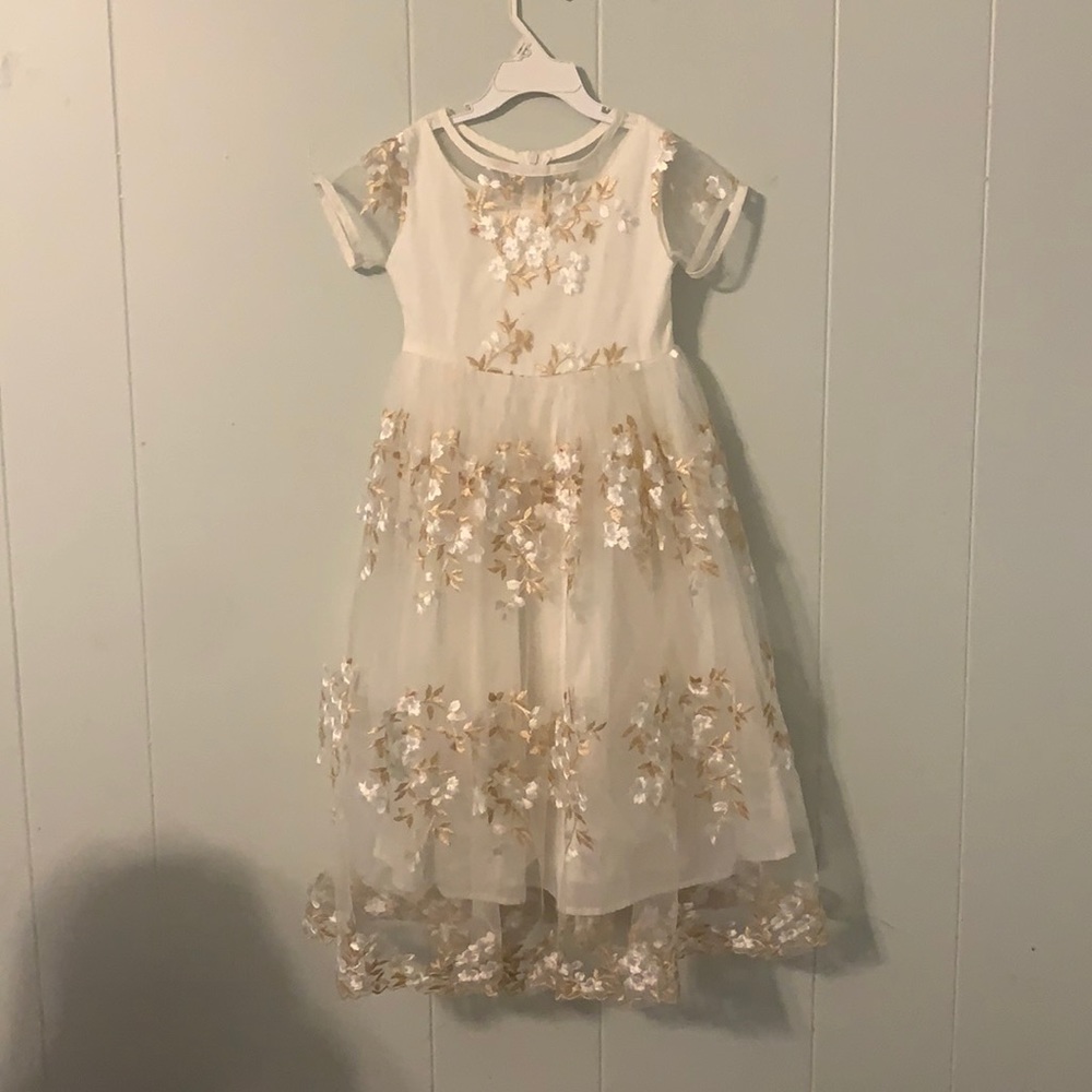 Gorgeous ivory dress with gold and white accents.